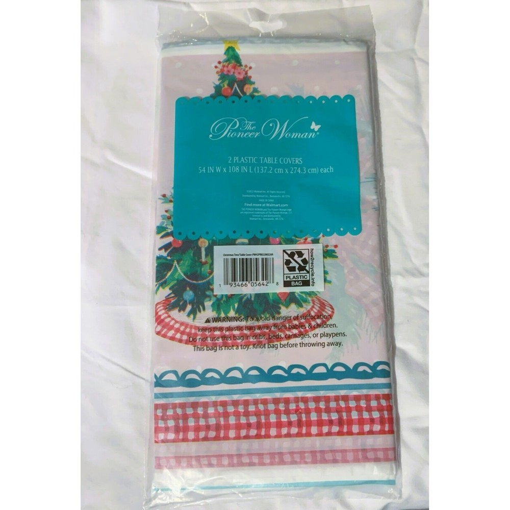 2 The Pioneer Woman Christmas Tree Plastic Table Covers 54x108 Red Dot & Gingham - Picture 9 of 11